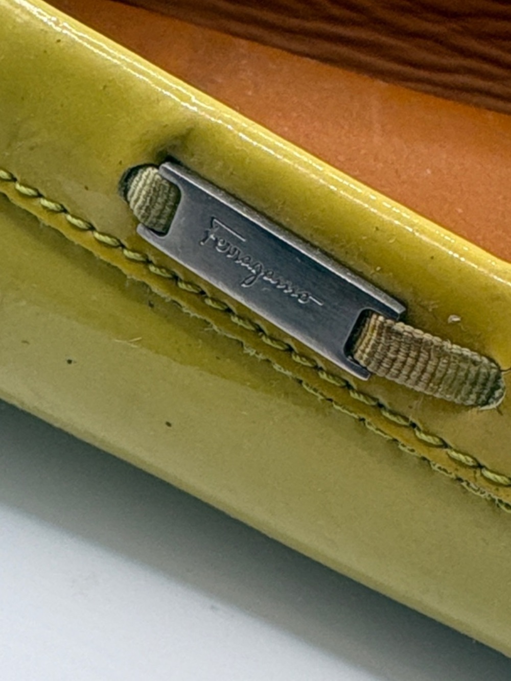 Salvatore Ferragamo Yellow Green Patent Leather Bow Tie Driving Loafers Size 8 - Picture 9 of 12